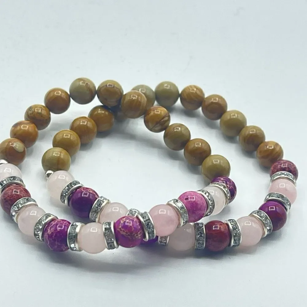 Rose quartz rose imperial jasper wood grain beaded stretch bracelet ONE NEW crys